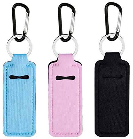 3 Pack Chapsticks Holder Keychain for Lipstick Lip Balm, Pink, Blue, Black
