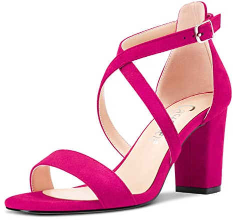 Castamere Women Chunky Block High Heel Peep Open Toe Sandals Cross-Strap Buckle Wedding Sexy Dress Shoes Magenta Peach Red 3 UK