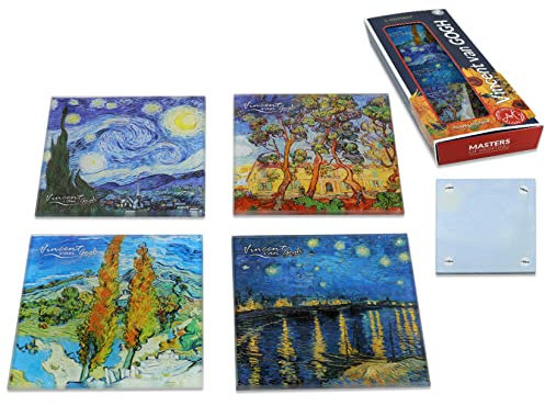 CARMANI,Posavasos de cristal, almohadilla de cristal, tapete resistente al calor, juego de 4 unidades, estampado con Vincent Van Gogh, la noche estrellada, álamos, la noche estrellada sobre el ródano
