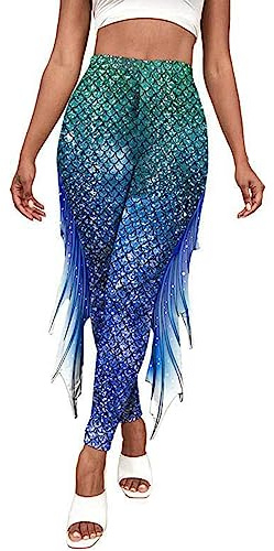 CHICTRY Womens Mermaid Yoga Print Leggings Fish Scale High Waisted Pencil Pants Halloween Costume Green&Blue S