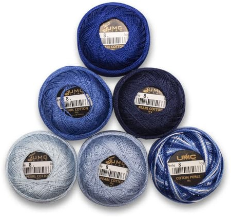 UMC STAG Lot de 6 pelotes de fil à broder en coton perlé, mesure 8, 100% coton égyptien pour crochet, fil à broder au point de croix, certifié Oeko TEX, 10 grammes par pelote (teinte bleue)