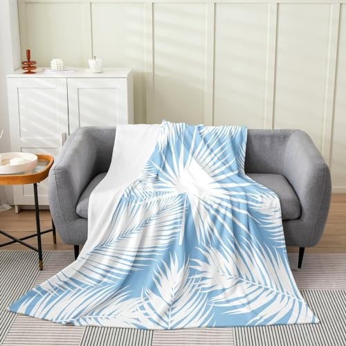 White Palm Leaves Fuzzy Blanket Abstract Leaf Flannel Fleece Throw Blanket for Sofa Couch Blue White Art Ultra Soft Bed Blanket Tropical Weed Blanket 90x90