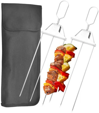 Tomtary 3-vägs grillspett i metall, 2 st rostfritt stål, 3-spetsar kabobspett med förvaringsväska, lätt att använda tryckstång glidare BBQ grillspett kabobpinnar för utomhus köttgrill