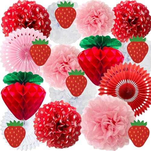 Acidea Strawberry Party Decorations - Themed Birthday Supplies with Paper Fans, Pom Poms & Honeycomb Balls