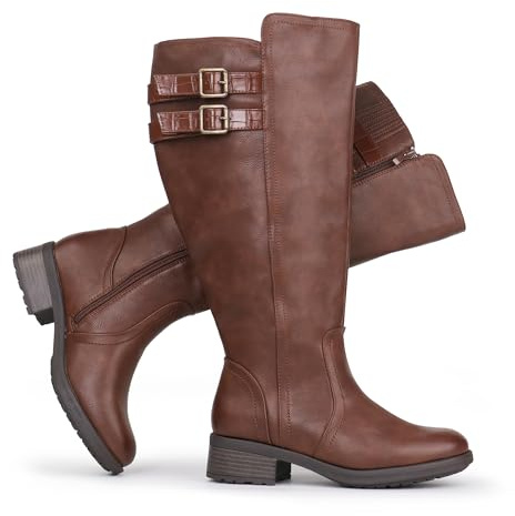 Chicblooms Botas altas hasta la rodilla con tacón de bloque y pantorrilla ancha para mujer, con hebilla apilada y elástico oculto, PU marrón, EU37