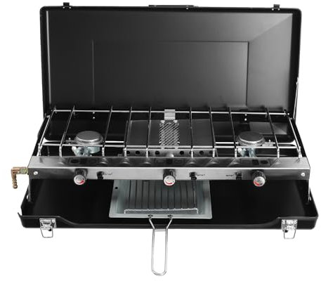 Fällbar grill campingspis, 4,5 kW, bärbar grill, hopfällbar grill, camping, grillset, camping, BBQ set med en bricka och tre inbyggda oberoende brännare med brandkontroll, 56,5 x 30 x 34 cm