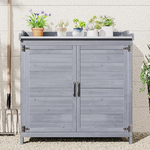 Bealife Pflanztisch mit Unterschrank, Gartenschrank mit Arbeitsplatte mit 1 Bewegbarer Einlegeboden für den Innen- und Außenbereich (Grau, 48T x 98B x 95H)