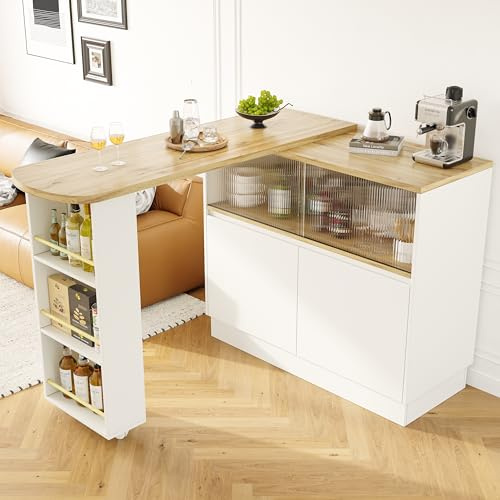 Merax 360° Rotating Dining Bar with Sliding Glass Door – Black Multifunctional Sideboard with Open Shelves & Drawers, Modern Storage Cabinet for Kitchen & Restaurant - White