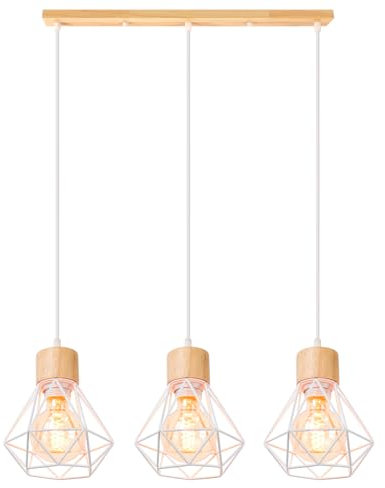 TOKIUS Araña de 3 Luces Retro Lámpara Colgante Vintage 16CM Lámparas de Techo en Madera Hierro Diseño Jaula Blanco Luz Colgante E27 Iluminación de Techo para Comedor Cocina Salón Café (Araña B)