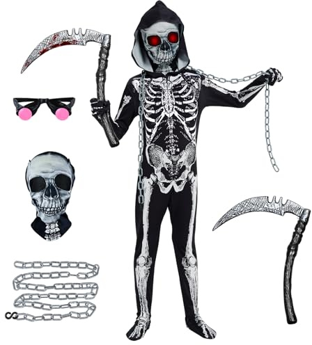 HERMORRYSS Costume da Scheletro per Bambini, Costume da Mietitore Unisex con Falce, Catena e Occhiali, Costume da Scheletro Mietitore Bambino Ragazzi per Halloween Festa Carnevale Cosplay (L)