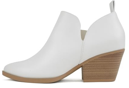 Soda “SECTORY” ~ Women Pointed Toe V-Cut Low Heel Ankle Bootie Shootie with Side Zipper (White Pu, 8)