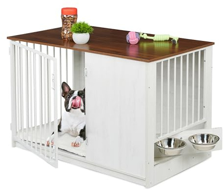 Relaxdays Jaula Perros, Mueble Mascotas Interior, 65,5x102x60 cm, con 2 Cuencos Giratorios, MDF y Acero, Blanco y Marrón