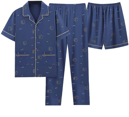 Generisch Pijama corto para hombre, pantalón largo de algodón, conjunto de pijamas para hombre, transpirable, camiseta de dormir con botones, cuello de pico, pijama de tres piezas