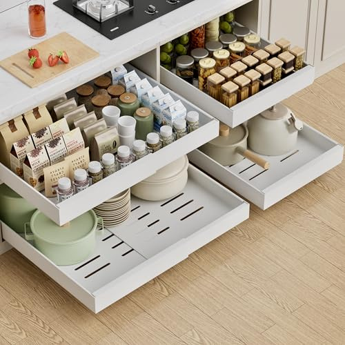 PAKETA 2 Pack Metal Expandable Pull Out Cabinet Organise 53cm depth | Width from 32 to 52 cm,Sliding Drawers for Kitchen Cupboard with Upgrade 3 Slide Rails,hold 65 lbs (White)