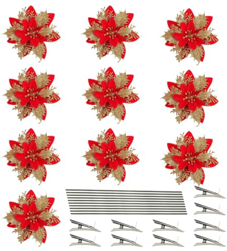 YUVKIN 10 Pezzi Fiori di Stella di Natale Glitterati con Clip e Rami, Poinsettia Artificiale per Decorazioni Albero di Natale (Rosso e oro)