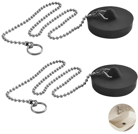 SZWLJ 2 pezzi 4,5 cm ‌Tappo Per Lavello‌ Nero Universale Con Catena In Acciaio Inox Da 40 Cm - Per Scarichi Del Lavandino, Previene Perdite D'Acqua E Odori, Adatto Per Bagno E Cucina.