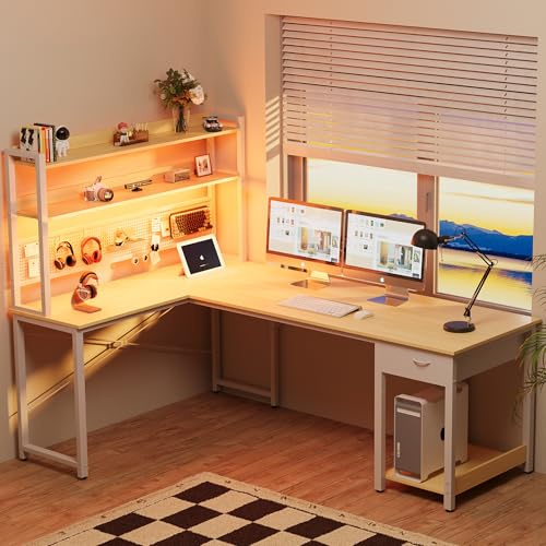 YOUDENOVA Skrivbord med hålvägg 155 x 100 cm hörnskrivbord med hylla spelskrivbord stort med uttag och USB-laddningsport spelbord L-form med förvaringsutrymme trä vitt