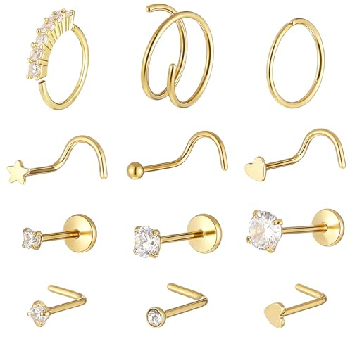 12 stycken nässtavar guld näspiercing set för kvinnor näsring 20 g rostfritt stål näsringar med stjärnor hjärta strass L form piercing nostril smycken 6/7/8 mm för näsa öronmussla öronbrosk