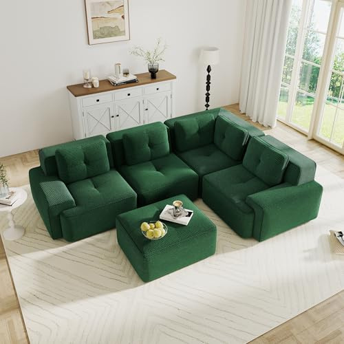 YESER Modular Sectional Sofa Corner Cloud Couch, 5 Seater Oversized L Shaped Boneless Couch with Movable Ottoman, Corner Sectional Couches for Living Room, Big Comfy Corduroy Modular Sofa, Green