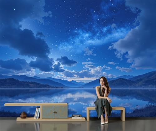Papel Tapiz 150×105 Cm, Papel Pintado Lago Bajo El Cielo Estrellado Para El Hogar, Dormitorio Y Sala De Estar, Decoración De Paredes, Mural Paisajes Naturales De Ensueño No Tejido, Azul