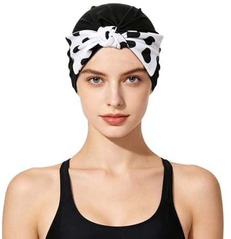 Bonnet de Bain Tissu pour Femme Bonnet de Natation Élastique pour Cheveux Longs Turban de Bain avec Décoration de Nœud de Papillon pour Salon Sauna Plage Piscine