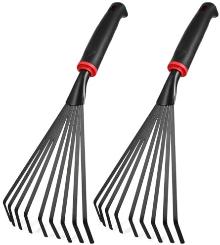 VICASKY 2 Piezas Rastrillo de Jardinería Pequeño de Hierro Mango Corto Ergonómico y Diseño de Nueve Dientes para Cultivo en Senderos Estrechos y Parterres Elevados