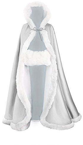 BEAUTELICATE Mantello con Cappuccio Donna Mantella Lungo Pelliccia Sintetica Raso da Sposa con Mano Manicotto per Matrimonio Invernale Hallween Natale Carnevale Cosplay (Argento, 140cm)