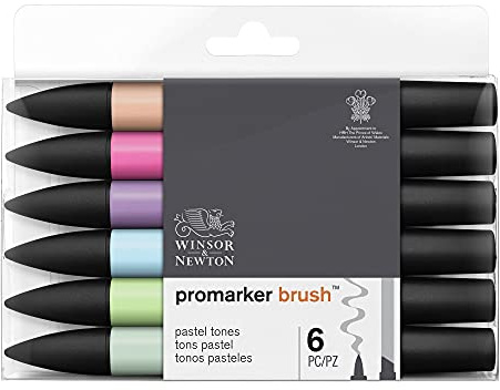 Winsor & Newton Promarker Brush - Set de 6 Rotuladores de Doble Punta, Punta Pincel, Tinta Base Alcohol, Tonos Pasteles