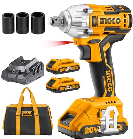 Ingco 20V Brushless Lithium-Ion Impact Wrench with 2Pcs 2.0Ah Batteries, 1Pcs Charger, 3Pcs Sockets, 1/2 Inch, 300NM CIWLI20013