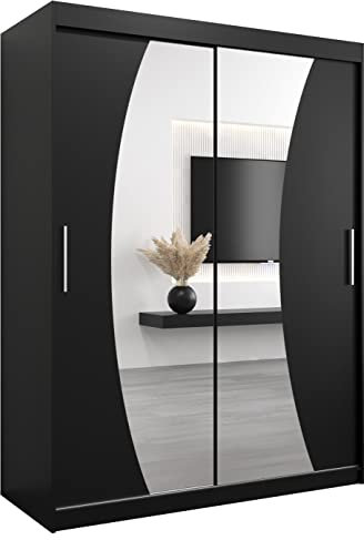 MEBLE KRYSPOL Wave 150 Schlafzimmerschrank mit Zwei Schiebetüren, Spiegel, Kleiderstange und Regalen – 150x200x62cm - Mattschwarz