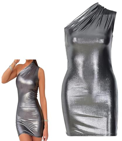 SamHeng Abito Lucido da Donna, Mini Abito Club Aderente con Increspatura Metallizzato su Una Spalla, Gonna Anca Club Effetto Wetlook Metallizzato, Abito da Cocktail Sexy in Pelle PU Senza Maniche
