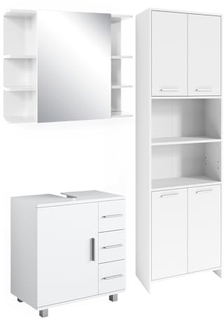 Vicco Ensemble de Meubles de Salle de Bains Maris, Blanc, 3 pièces, avec Armoire Haute, Armoire de Toilette et Armoire sous lavabo