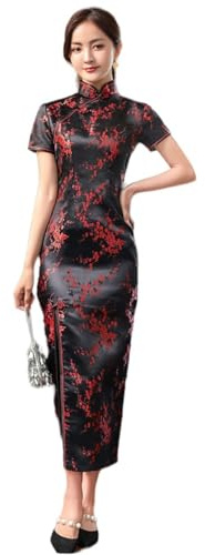 KATIAK Abito da Sera Qipao Cheongsam Cinese A Maniche Corte con Fiori di Pruno,Colletto alla Coreana Tradizionale Vintage Abito Lungo Sexy Aderente con Spacco Abito Hanfu Slim Fit,Nero Rosso,M