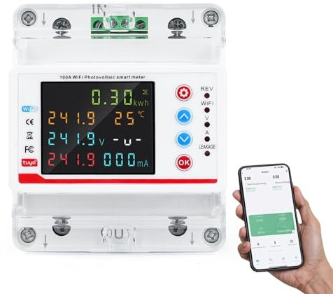 Jadeshay WiFi Compteur Electrique Consommation 2P 100A 220VAC Compteur Electrique Connecté Tuya WiFi Disjoncteur Intelligent avec Écran Couleur LCD, Protecteur de Surtension et de sous-Tension
