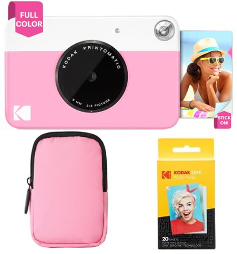 KODAK Printomatic Paquete básico de cámara con impresión instantánea a Todo Color + Estuche Blando + Paquete de 20 Papeles fotográficos Zink - Fotos Coloridas en Papel Adhesivo de 2 x 3 - Rosa