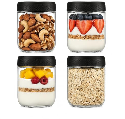 LDYOEN 4 Pack Tarros de Cristal Con Tapa Hermética, 480ml Tarros de Avena Nocturna con Tapa, Tarros de Vidrio con Tapas, Bote Cristal Hermetico para Yogur, Batido, Avena, Mermelada, Especias