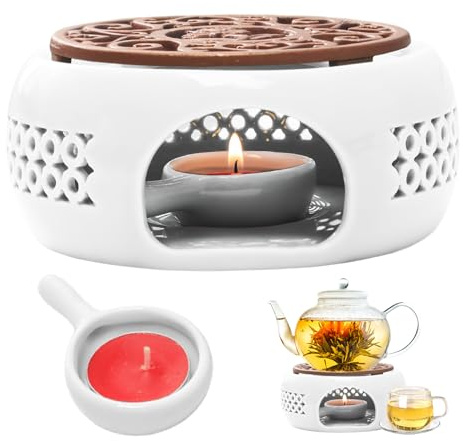 Calientaplatos para tetera, calentador de té de cerámica, calentador de café, calentador de cerámica para tetera, calentador de tetera con portavelas, para preservar el calor, té, café (blanco)