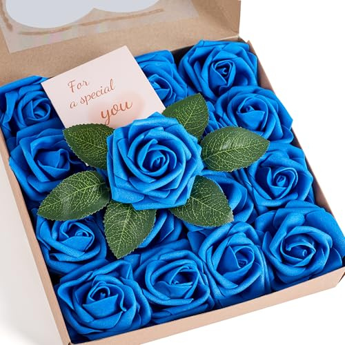 Sahoottie Rose artificiali blu finte in schiuma con gambo, rose artificiali, decorazione per bouquet, centrotavola, decorazioni natalizie e decorazioni per la casa (16 pezzi)
