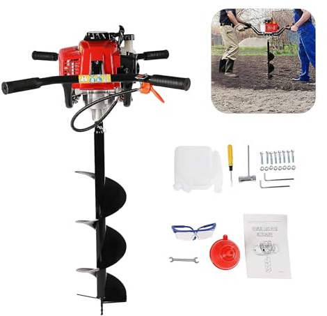 HUOMMGS Erdbohrer Benzin 63CC 3PS Erdlochbohrer 2 Takt Motor Handheld Gartenbohrer mit 200mm Bohrkrone, Schutzbrille Professional Erdbohrer 7500U/Min Erdlochbohrer für Gärten und Rasenflächen