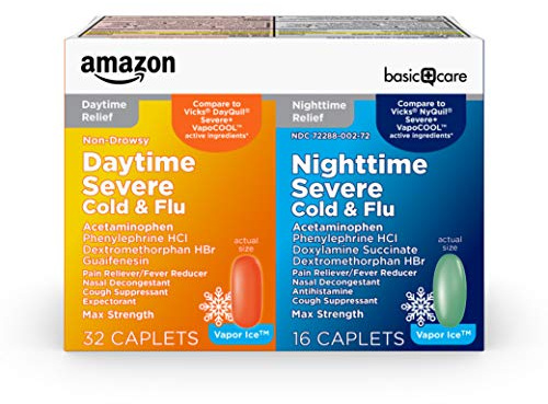 Amazon Basic Care Vapor Ice Day and Night Severe Cold and Flu Relief Caplets, Maximum Strength Multi-Symptom Medicine for Cough, Sore Throat, Nasal Congestion, 48 Count