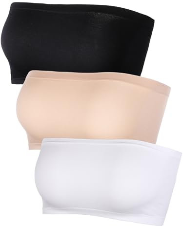 Women's Strapless Bralette Seamless Bandeau Stretchy Non-Padded Bandeau Tube Top Bra in Multi Color, 3 Pieces (Color Set 10) (Black, White, Skin Color, Plus Size)