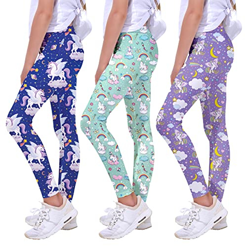 Quedoris Girls 3-Pack Printed Leggings Unicorn Kingdom/Sky/Galaxy Unicorn 130Y, Unicorn Kingdom/Sky/Galaxy Unicorn, 6-7 Years