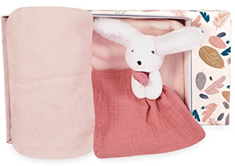 Doudou Et Compagnie - Plaid Bébé Tout Doux avec son Doudou Lapin - Couverture Polaire - Collection Happy Boho - Rose - 100 x 70 cm - Coffret Cadeau de Naissance Bébé - HAPPY DOUDOU - DC3979