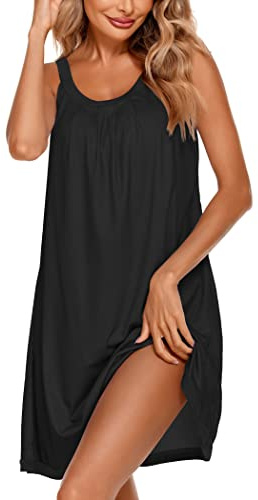 Ekouaer Women's Nightgown Sleeveless Sleepwear Wide Strap Sleep Shirt Pleated Scoopneck Nightshirt Black Medium