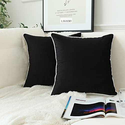 LIGICKY Juego de 2 fundas de almohada de terciopelo negro, estilo minimalista moderno, decorativas de color sólido, con borde de cuerda blanca, fundas de cojín cuadradas suaves para sofá, dormitorio