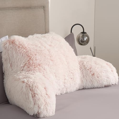 OHS Cuddle Cushion Fluffy Pink, Comfy Reading Pillows Super Soft Long Hair Fleece Gaming Cushion with Arms Backrest Pillow Relaxing Comfy Sit Up in Bed Pillow, 60 x 45 x 40cm
