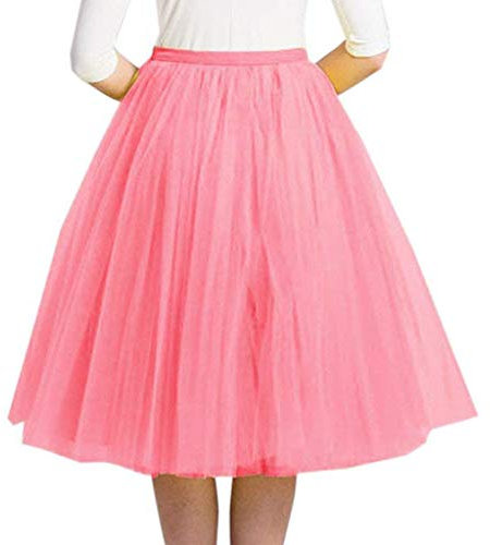 Tüllrock Damen Tutu Rock Midi Petticoat Hoch Taillierter A Linien Rockabilly Petticoat Mesh-Chiffon-Faltenrock Karneval Kostüm Tanzrock Unterrock Rosa