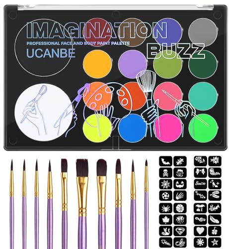 UCANBE Kit di pittura per il viso per bambini e adulti 18 colori Paleta di pittura corporea per il viso a base d'acqua non tossica con pennelli e stencil, set di pittura per il viso professionale per