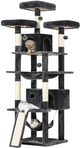 MSmask Arbre à Chat XXL Hauteur 194 cm, Centre d'activité Géant avec 3 Grandes Plate-Formes, 2 Niches Spacieuses, 2 Hamacs et 1 Planche à Gratter, Multi-Niveau avec Poteaux en Sisal, Gris Foncé