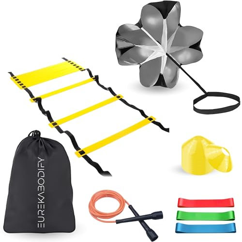 EUREKA BODIFY Fußball- und Agilitätstrainingsset – Enthält 10 Trainingskegel, 6 m Lange Agility-Leiter mit Tragetasche, Trainingsfallschirm, 3 Widerstandsbänder und Springseil